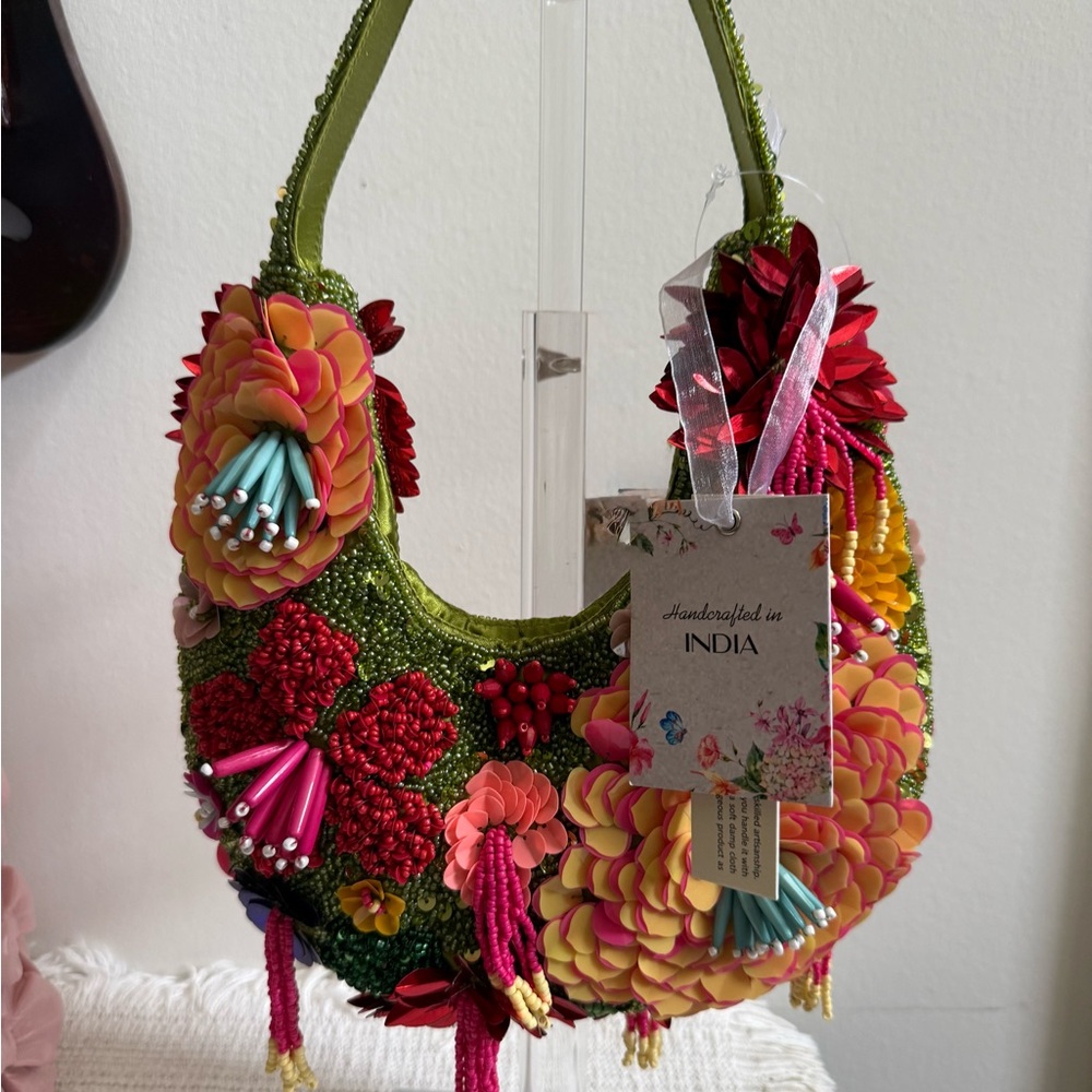 Handcrafted in India Floral Beaded Shoulder Bag